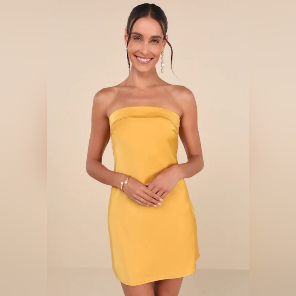 NWOT Lulu's Marigold Satin Strapless Cowl Back Mini Dress XL=14/16
